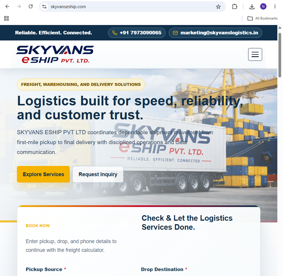 Skyvans Eship logistics website developed by BN TechAlliance